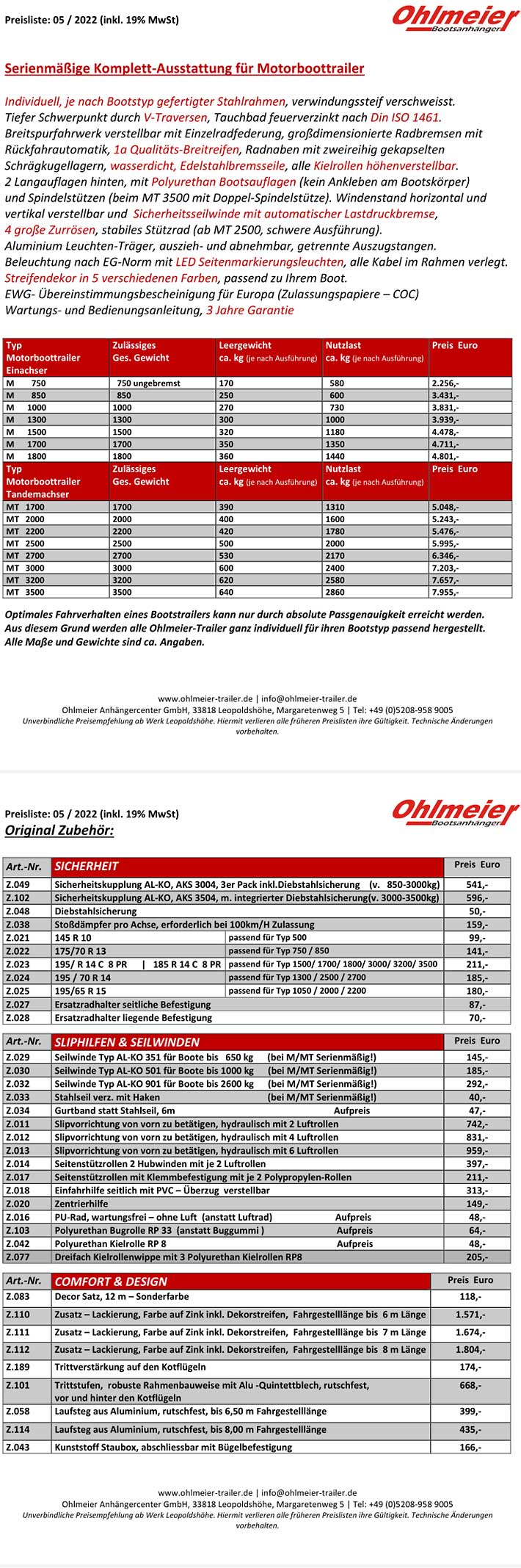 Preisliste Ohlmeier Trailer